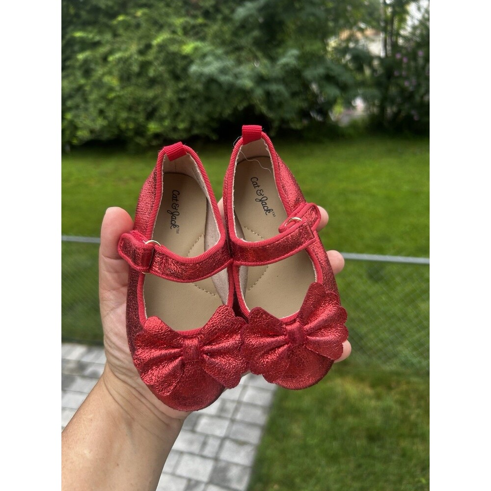 Cat & Jack Girls Size 6 Red Metallic Bow Mary Jane Flats